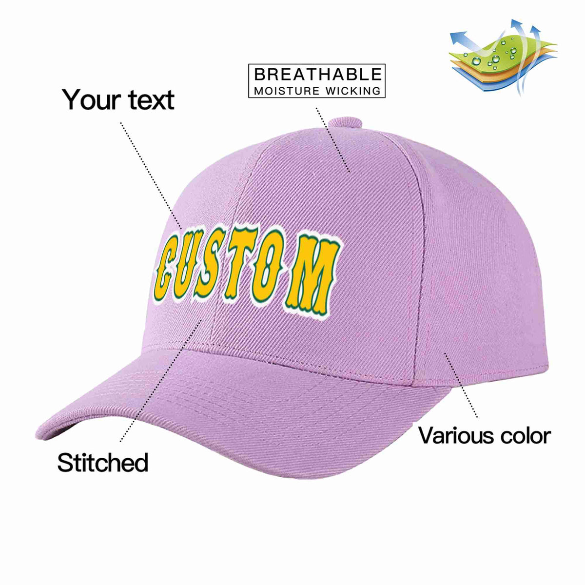 Custom Light Purple Gold-Kelly Green Curved Eaves Sport Baseball Cap Design for Men/Women/Youth