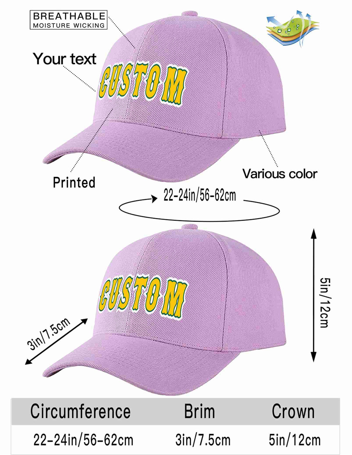 Custom Light Purple Gold-Kelly Green Curved Eaves Sport Baseball Cap Design for Men/Women/Youth