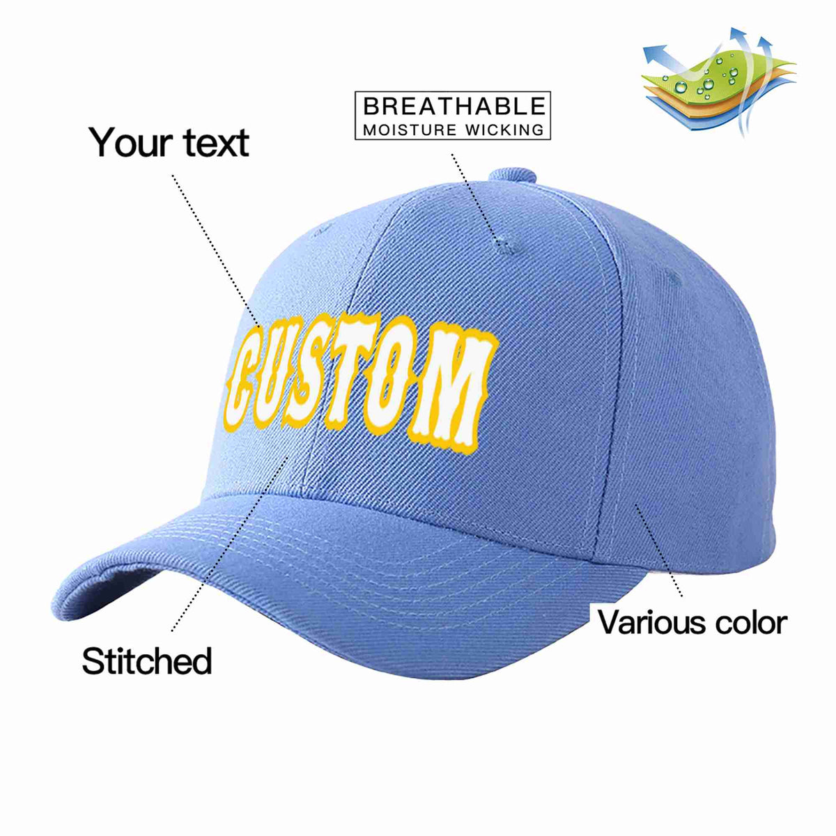 Custom Sky Blue White-Gold Curved Eaves Sport Baseball Cap Design for Men/Women/Youth