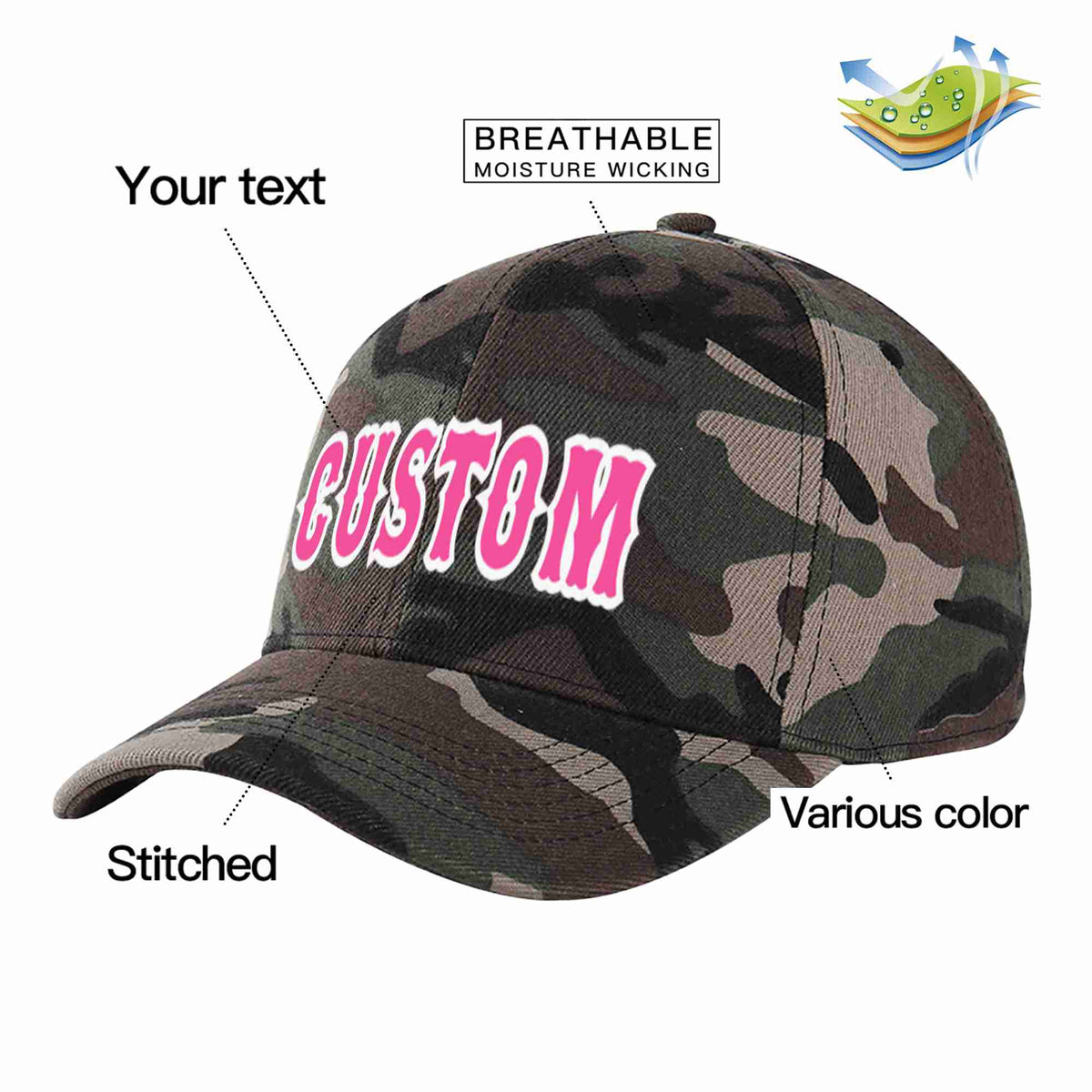 Custom Camo Pink-White Curved Eaves Sport Baseball Cap Design for Men/Women/Youth