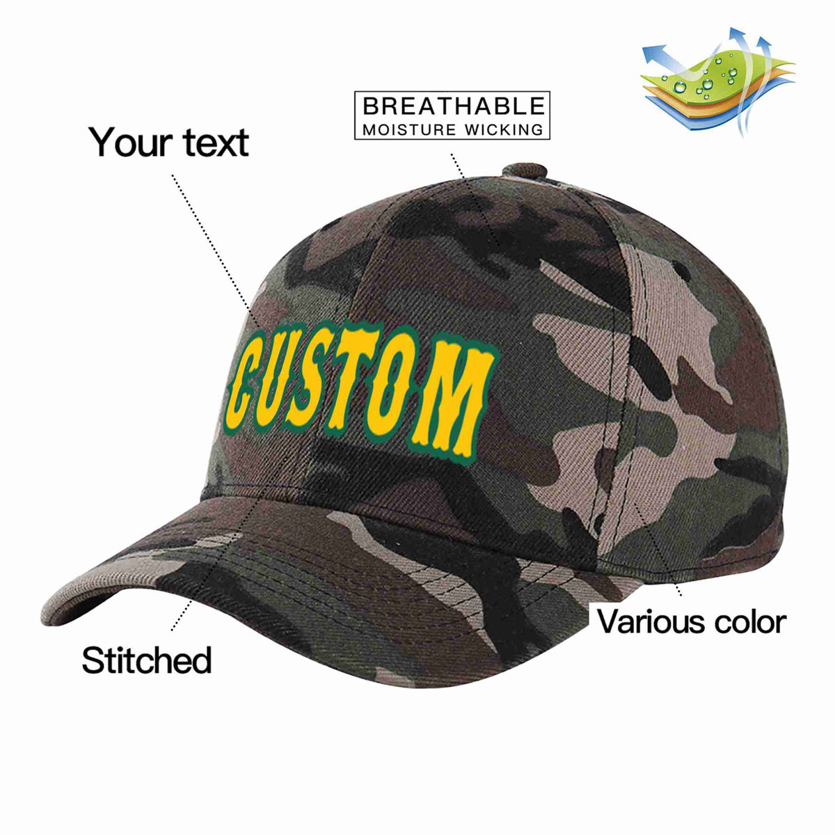 Custom Camo Gold-Kelly Green Curved Eaves Sport Baseball Cap Design for Men/Women/Youth