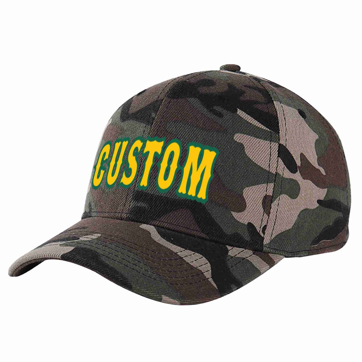 Custom Camo Gold-Kelly Green Curved Eaves Sport Baseball Cap Design for Men/Women/Youth