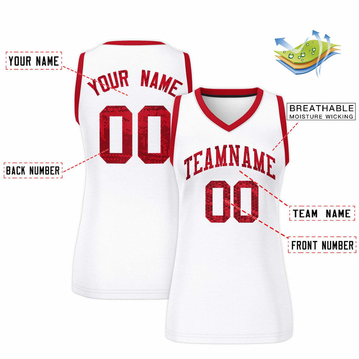 Custom White Red Women Netball Sequined Dress