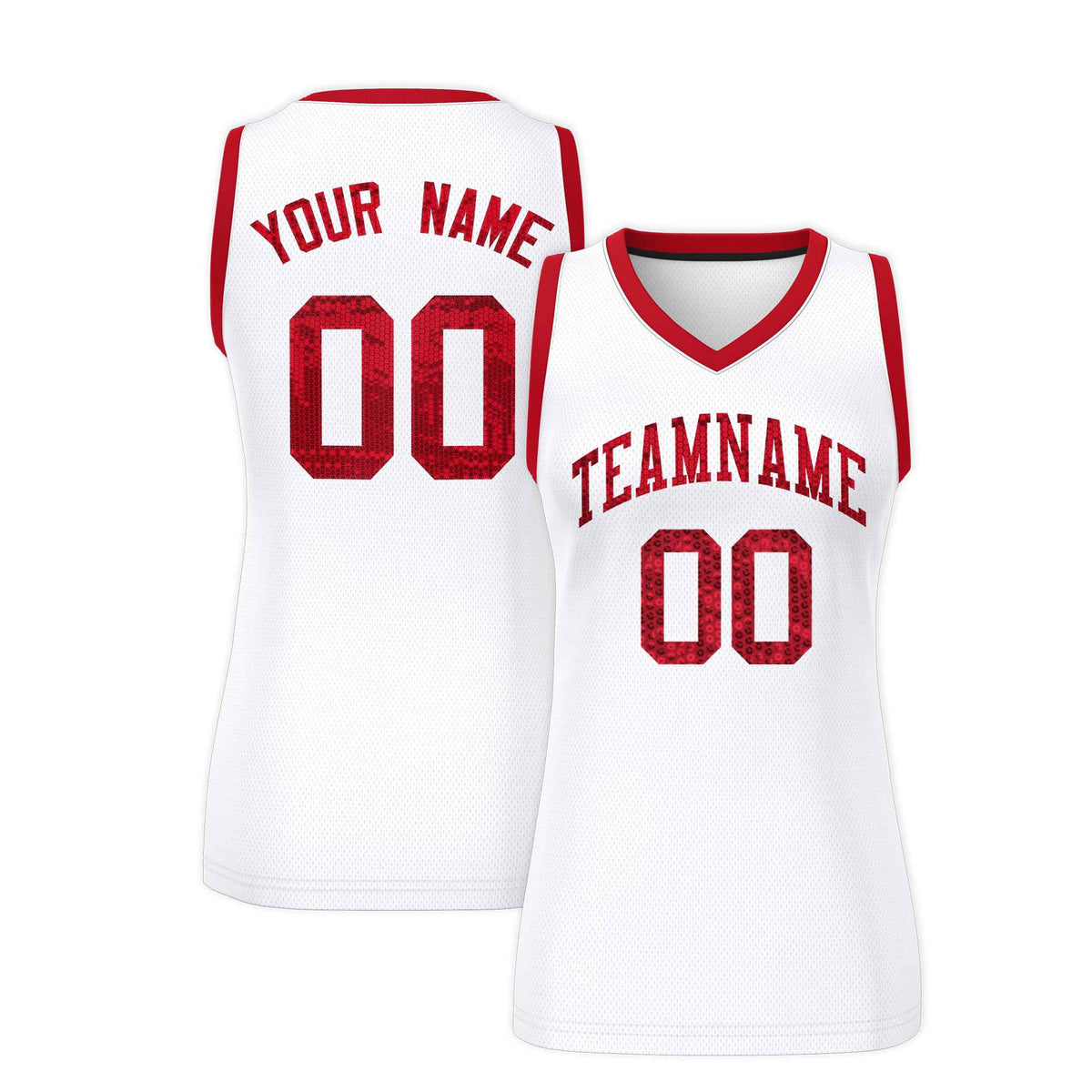 Custom White Red Women Netball Sequined Dress