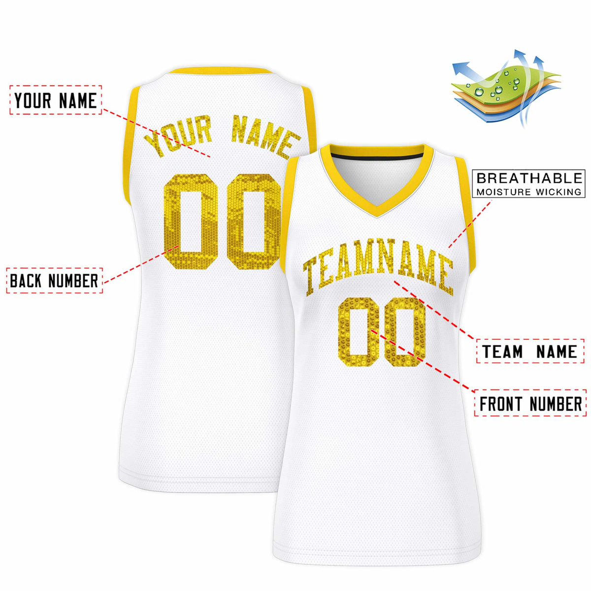 Custom White Gold Women Netball Sequined Dress