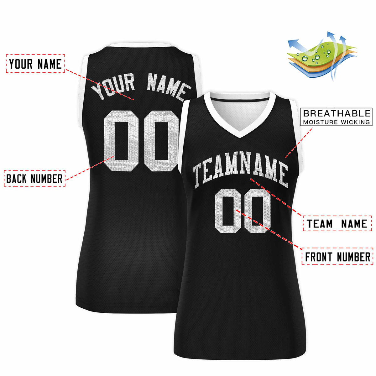 Custom Black White Women Netball Sequined Dress