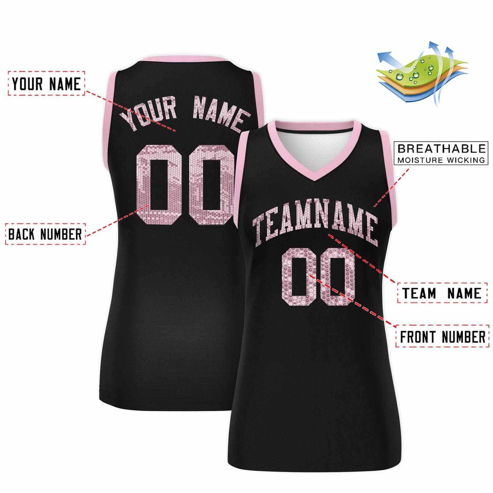 Custom Black Light Pink Women Netball Sequined Dress