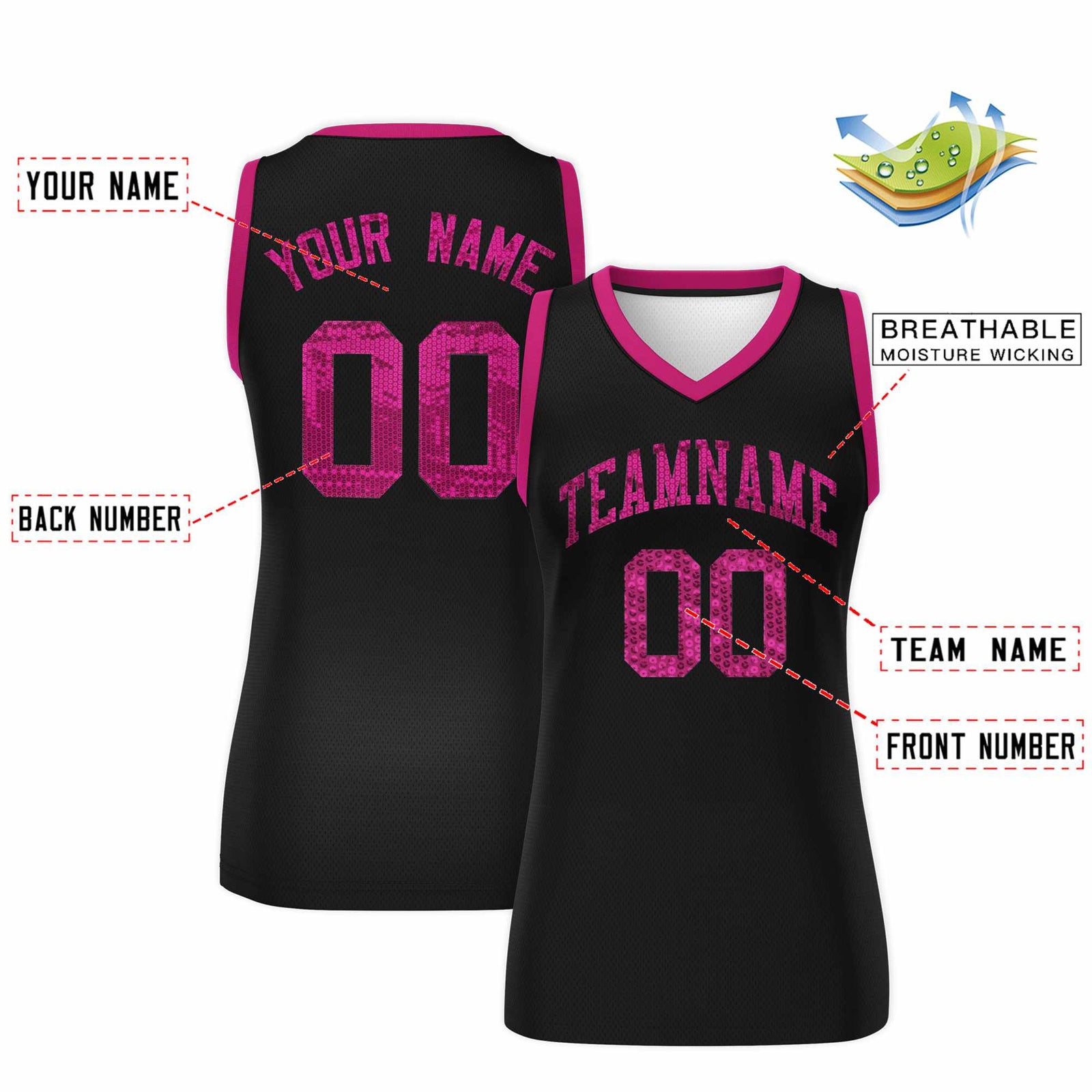 Custom Black Pink Women Netball Sequined Dress