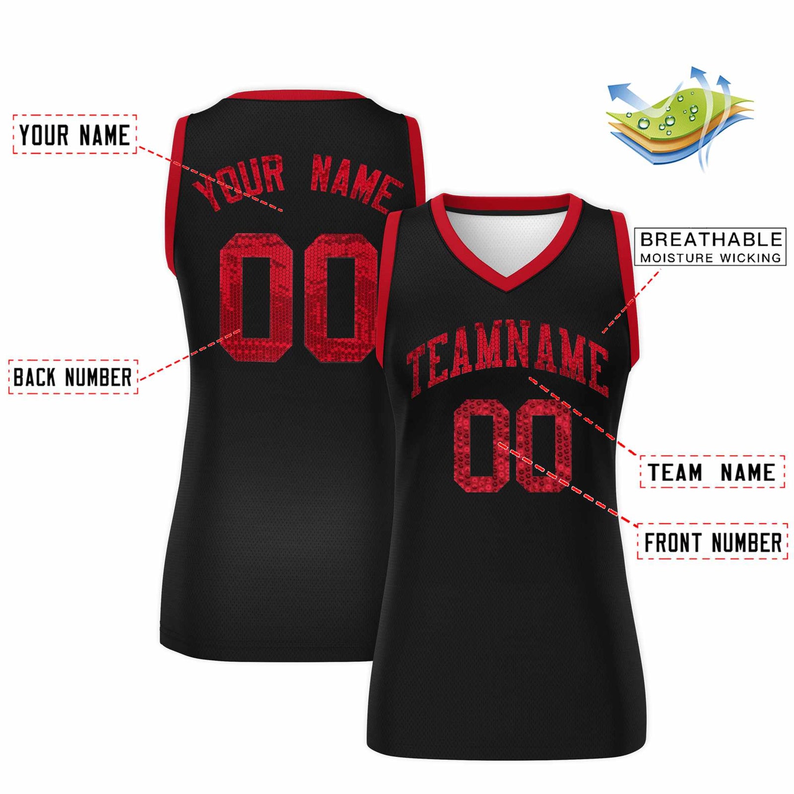 Custom Black Red Women Netball Sequined Dress