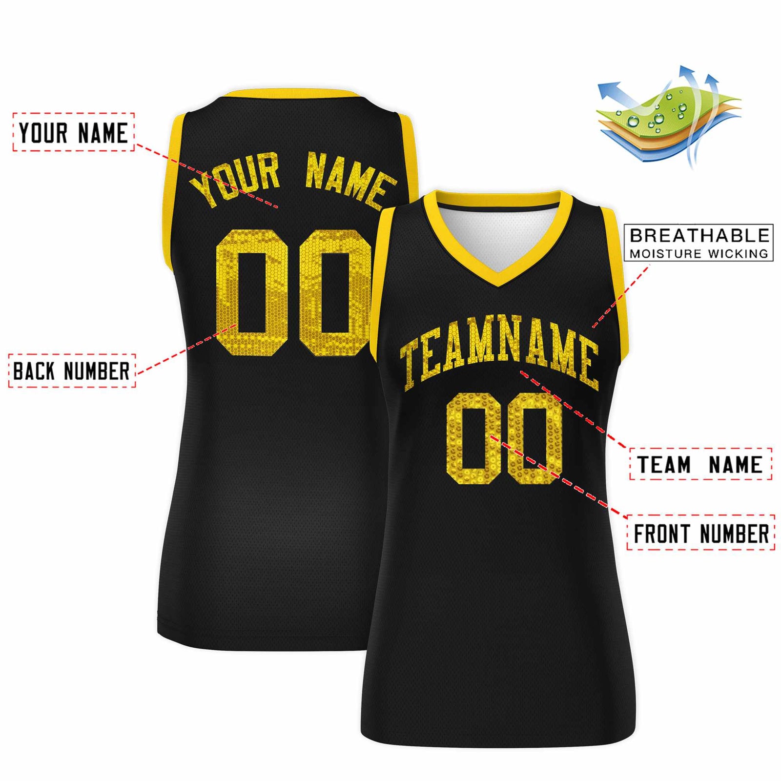 Custom Black Gold Women Netball Sequined Dress