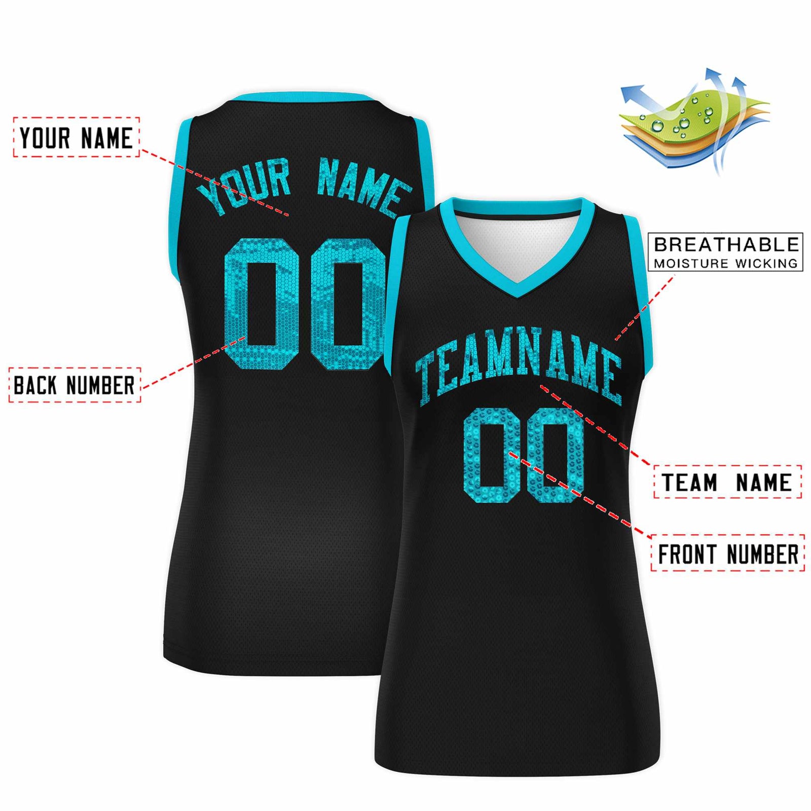 Custom Black Sky Blue Women Netball Sequined Dress