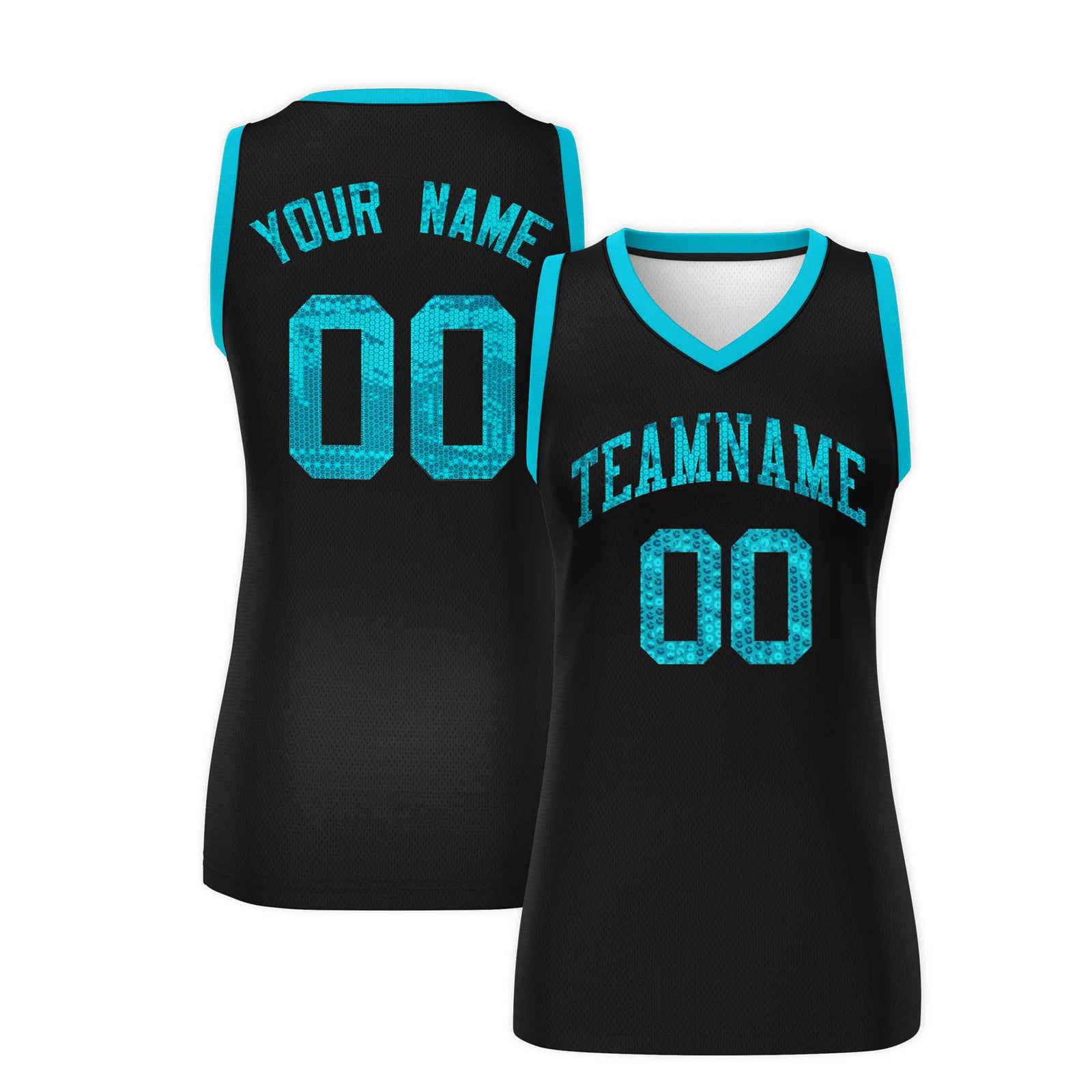 Custom Black Sky Blue Women Netball Sequined Dress