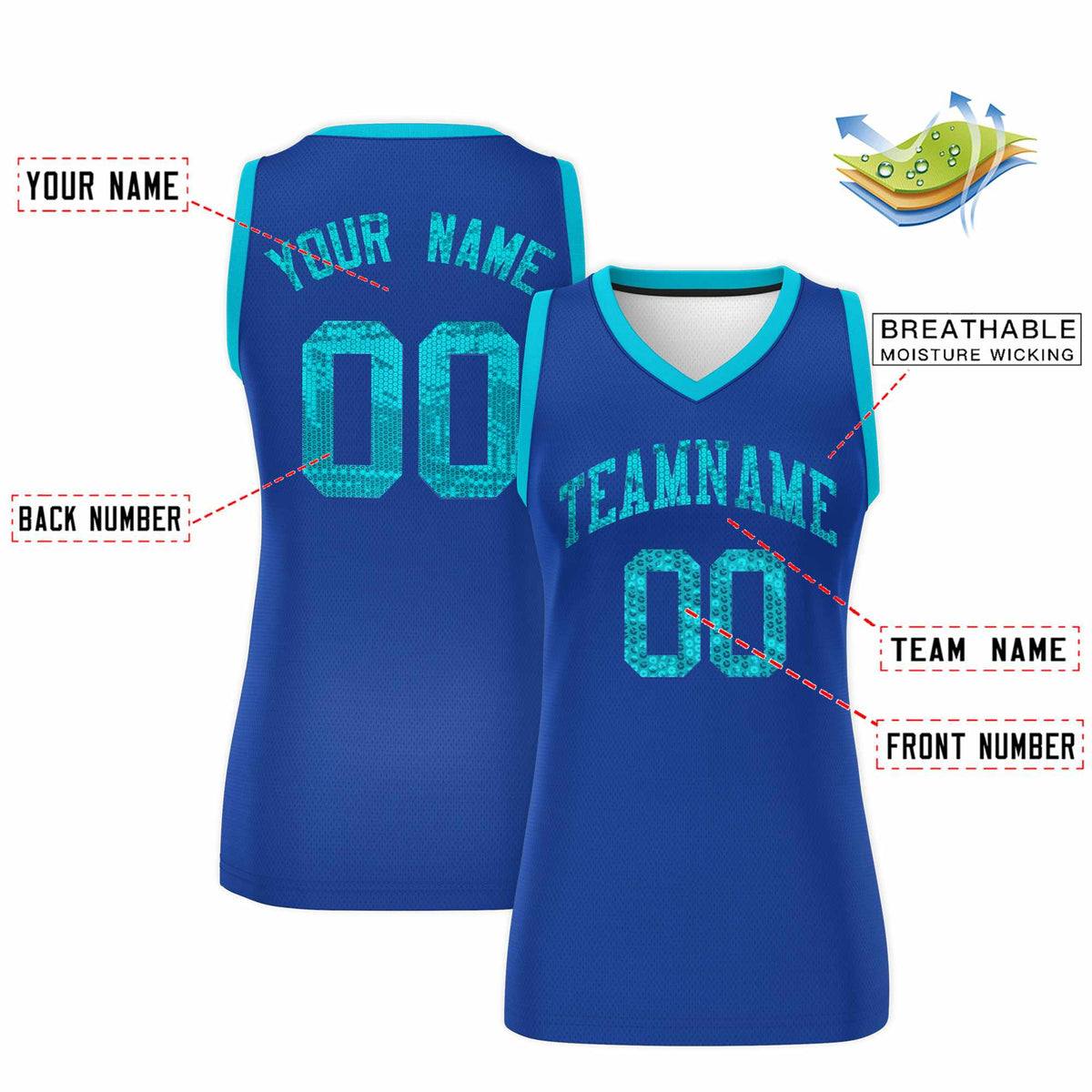 Custom Royal Sky Blue Women Netball Sequined Dress