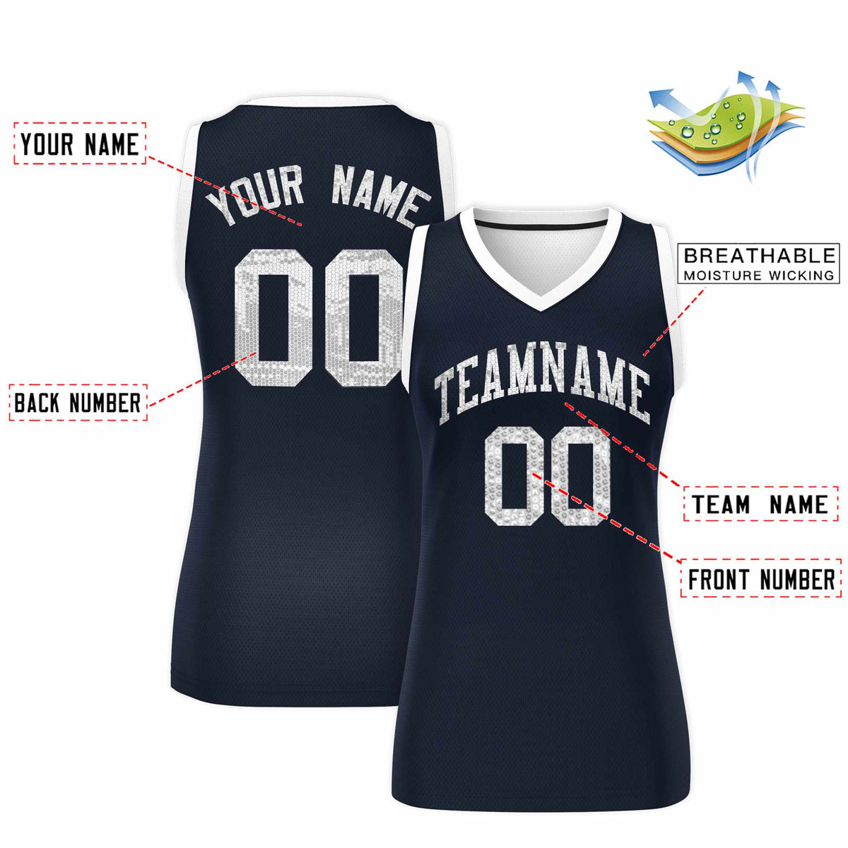 Custom Navy White Women Netball Sequined Dress