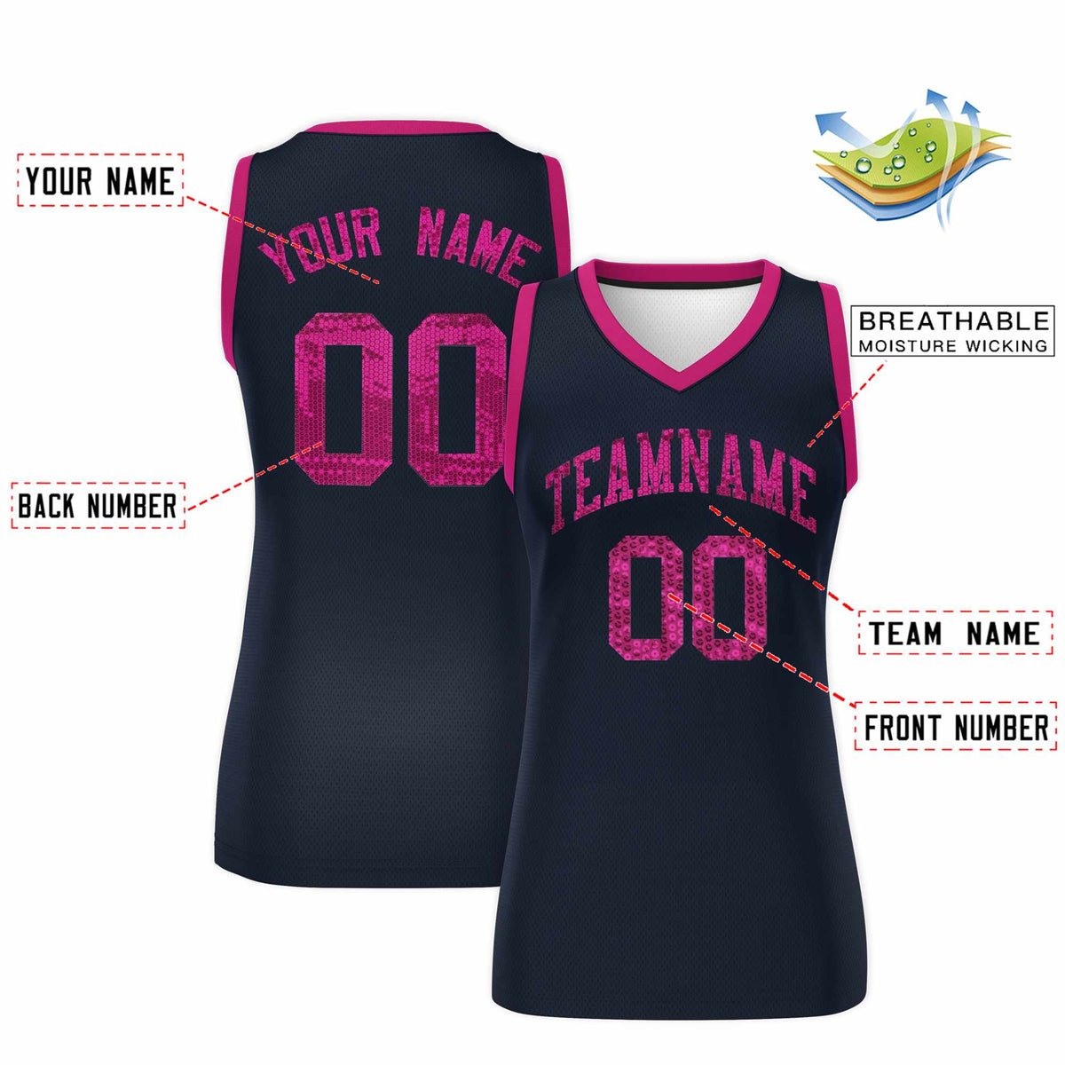 Custom Navy Pink Women Netball Sequined Dress