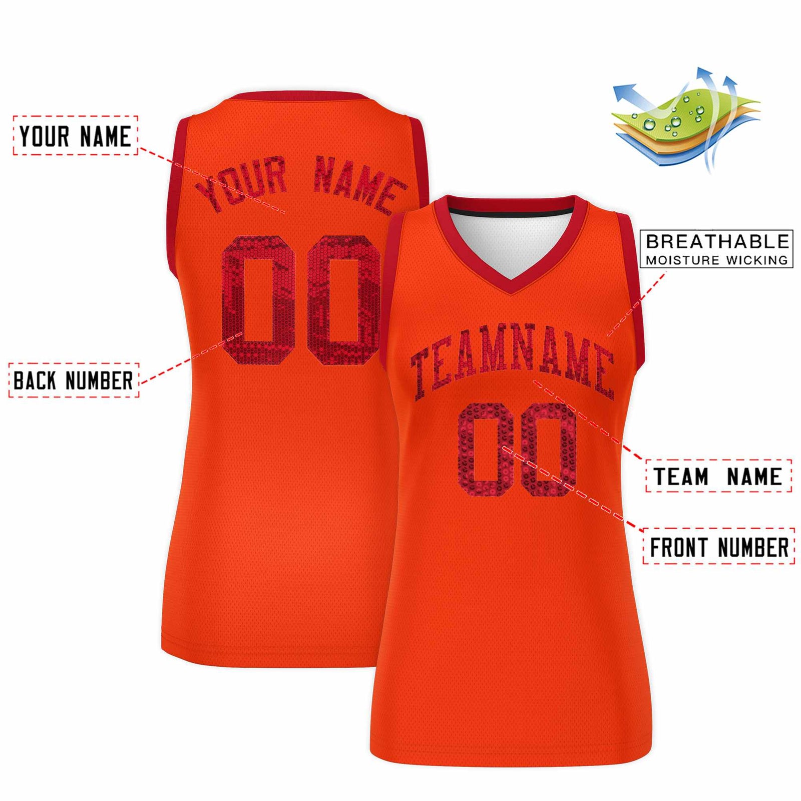 Custom Orange Red Women Netball Sequined Dress