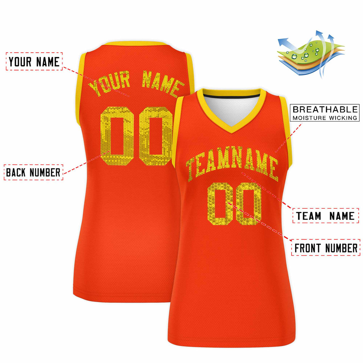 Custom Orange Gold Women Netball Sequined Dress
