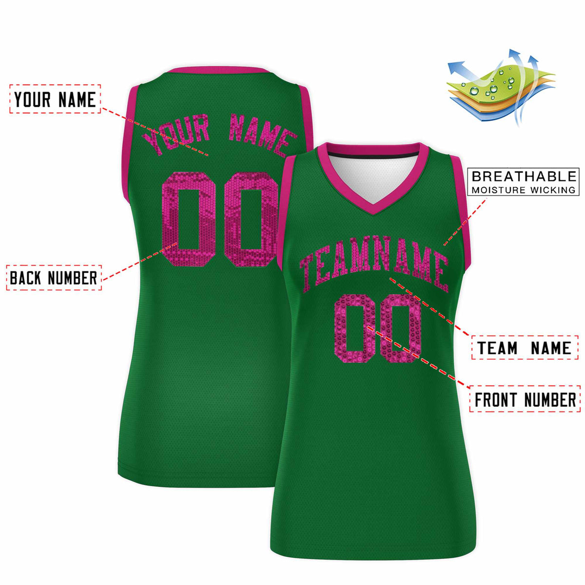 Custom Kelly Green Pink Women Netball Sequined Dress