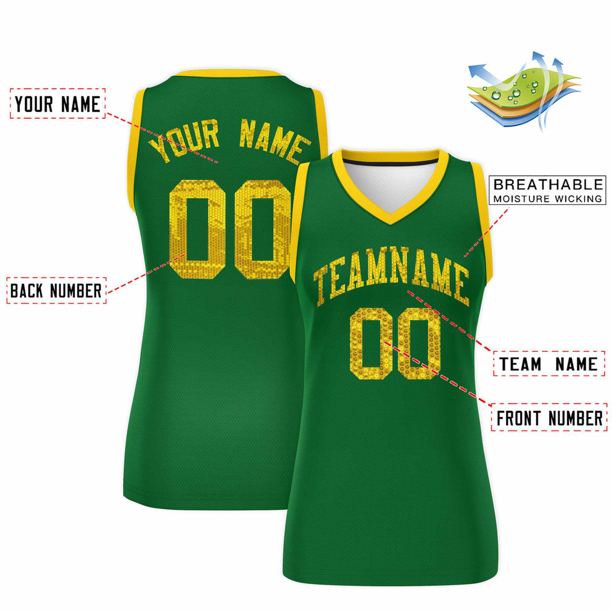 Custom Kelly Green Gold Women Netball Sequined Dress