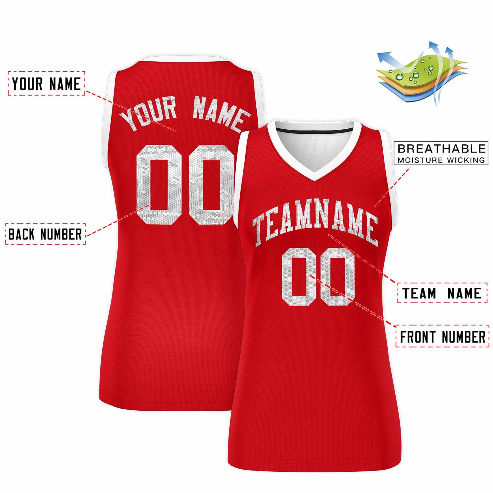Custom Red White Women Netball Sequined Dress