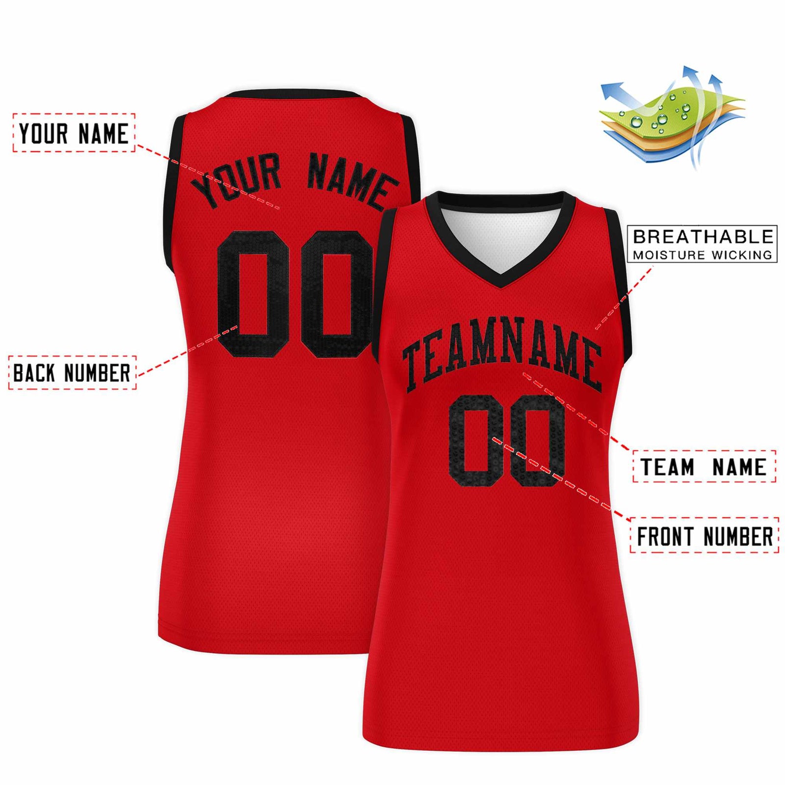 Custom Red Black Women Netball Sequined Dress