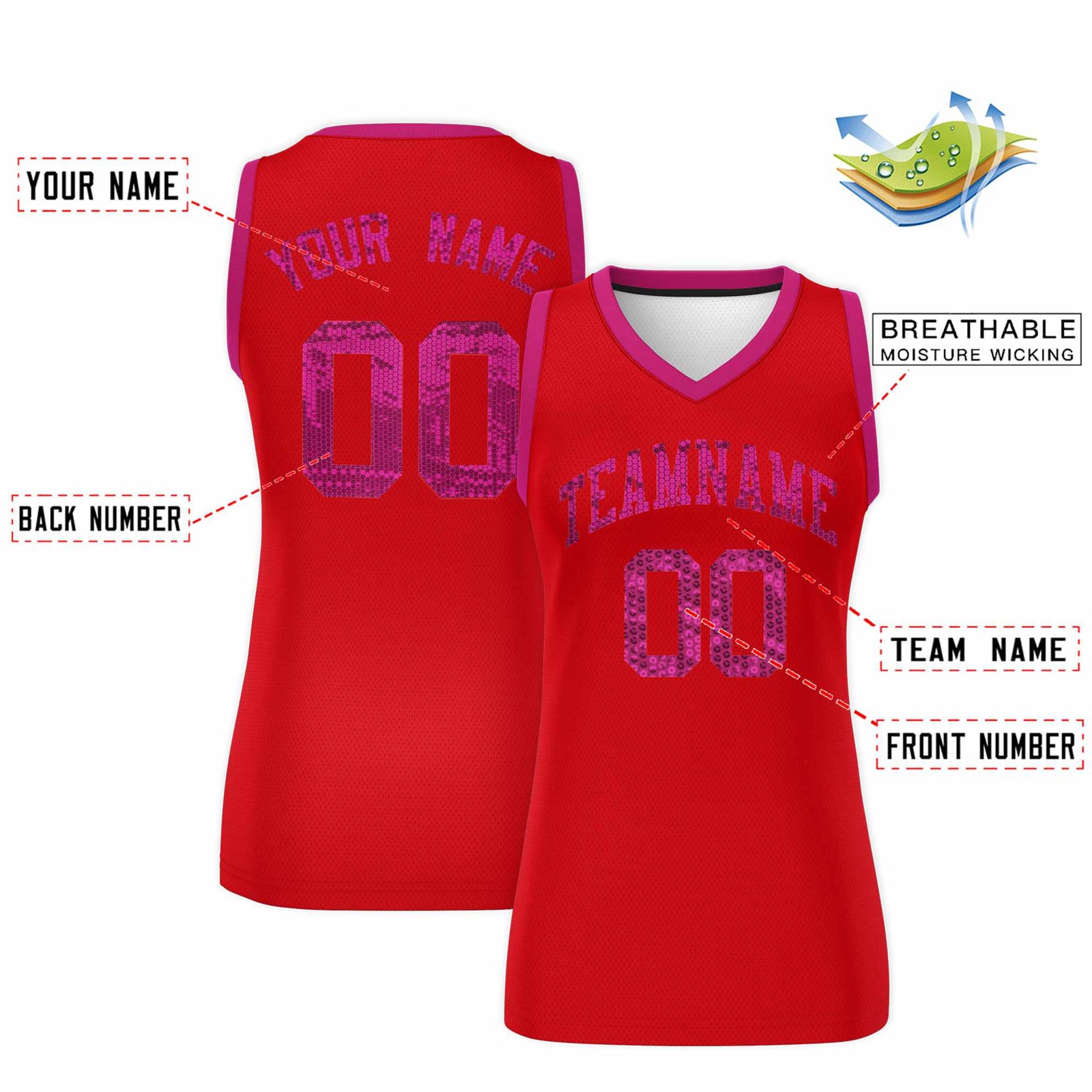 Custom Red Pink Women Netball Sequined Dress