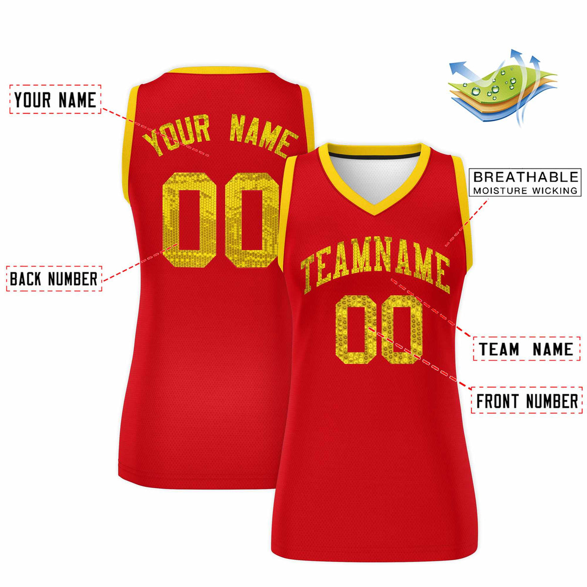 Custom Red Gold Women Netball Sequined Dress