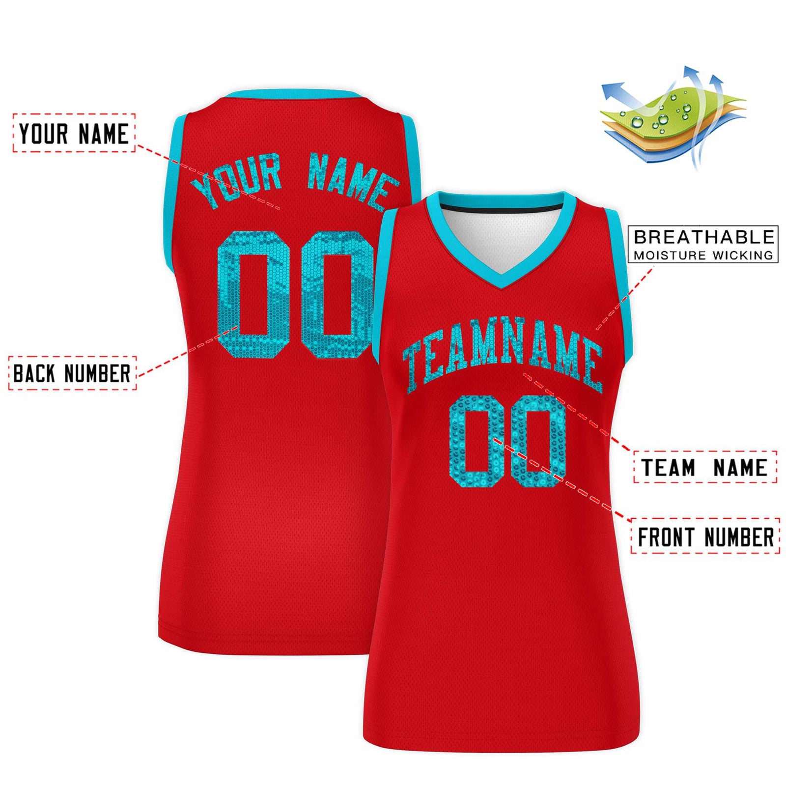 Custom Red Sky Blue Women Netball Sequined Dress