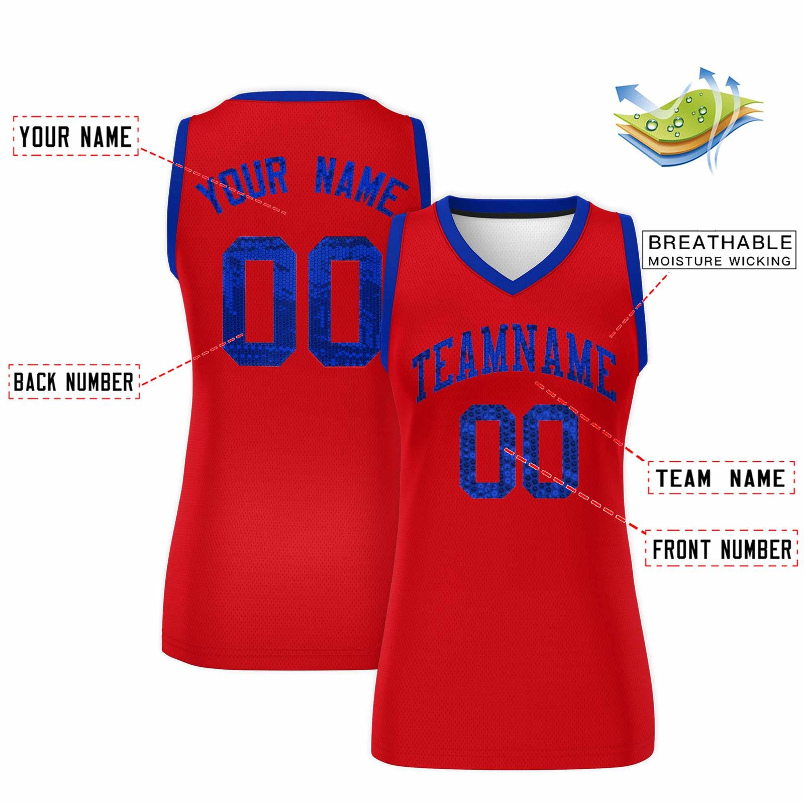 Custom Red Royal Women Netball Sequined Dress