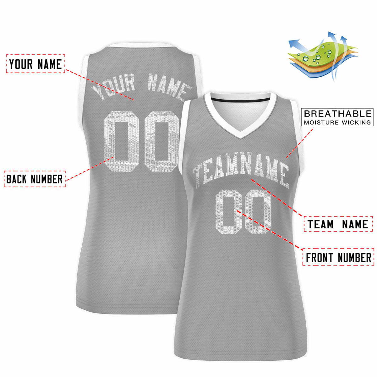 Custom Silver White Women Netball Sequined Dress