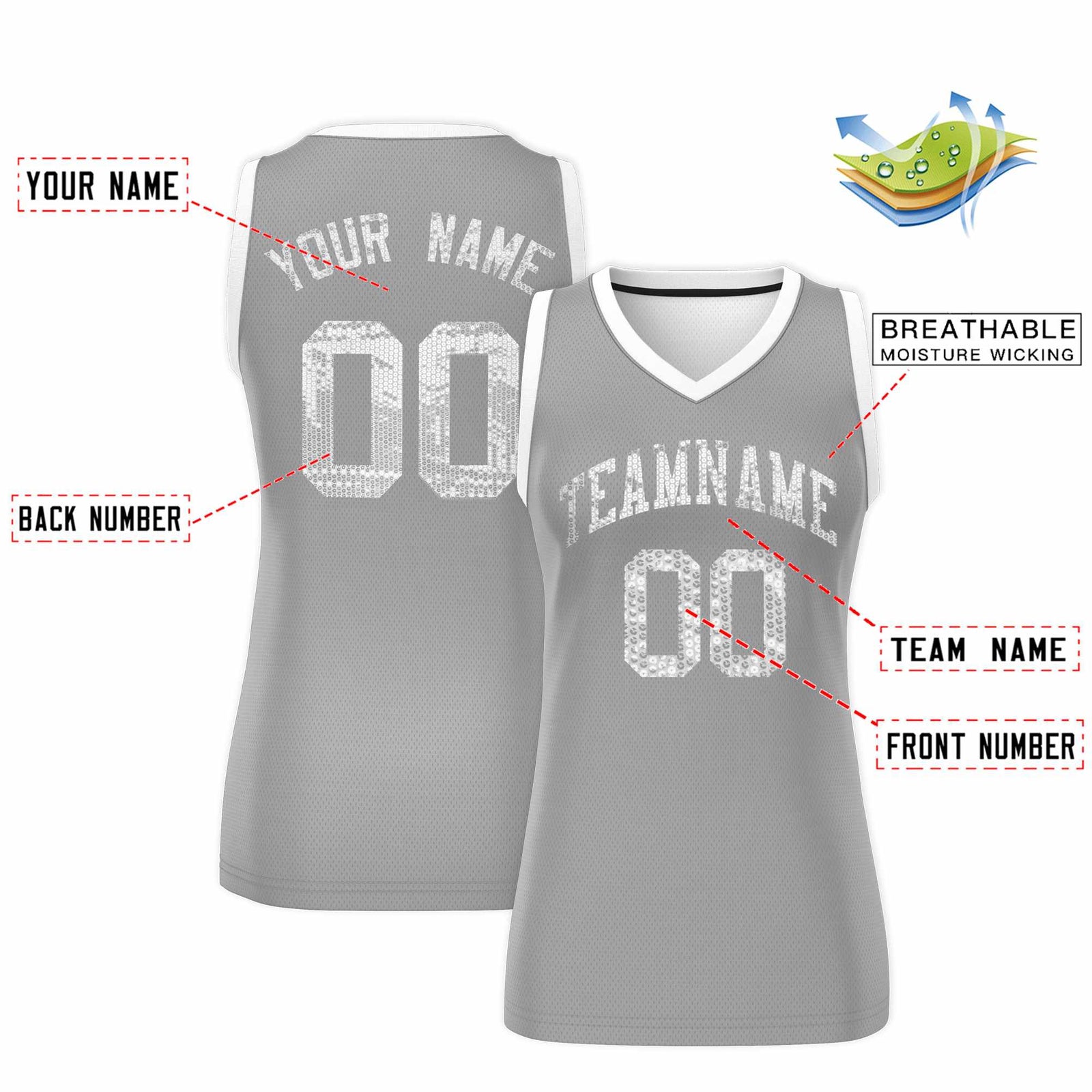 Custom Silver White Women Netball Sequined Dress
