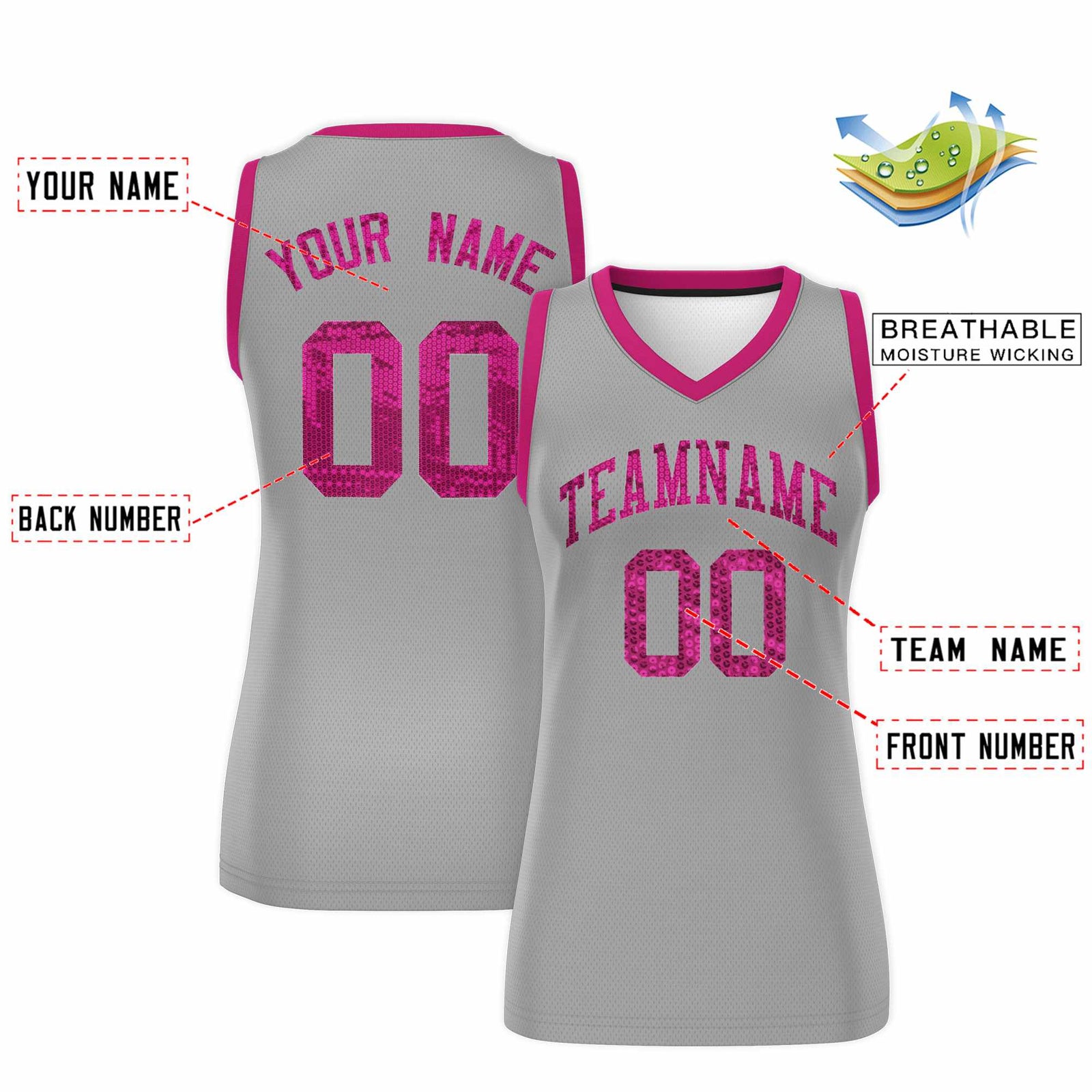 Custom Silver Pink Women Netball Sequined Dress
