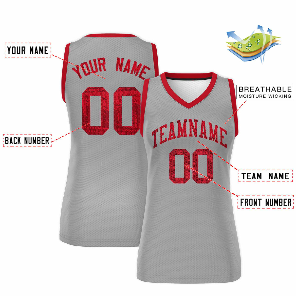 Custom Silver Red Women Netball Sequined Dress