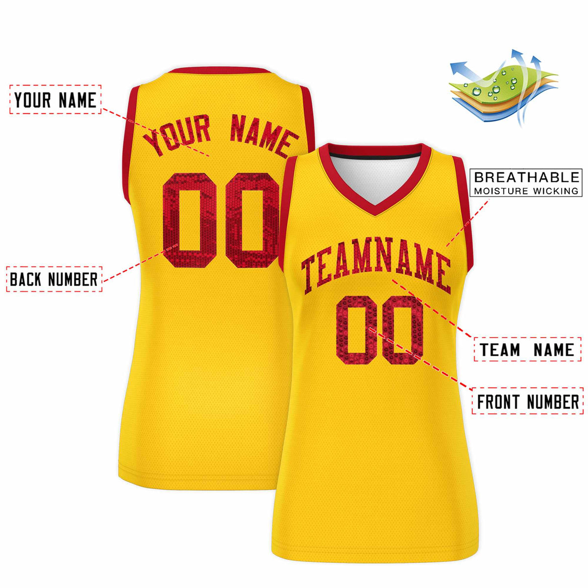 Custom Gold Red Women Netball Sequined Dress