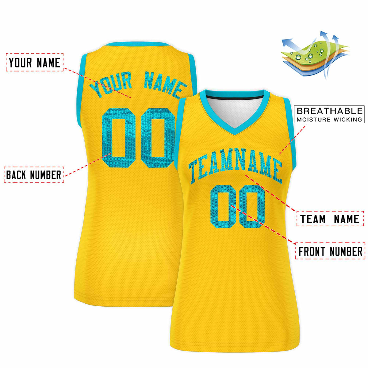 Custom Gold Sky Blue Women Netball Sequined Dress