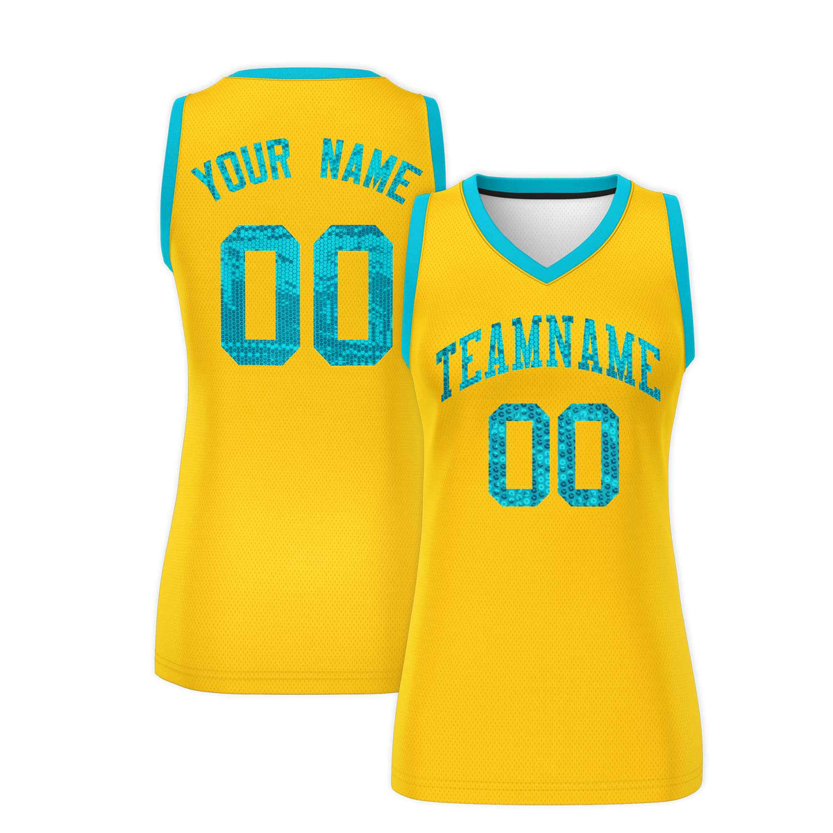 Custom Gold Sky Blue Women Netball Sequined Dress