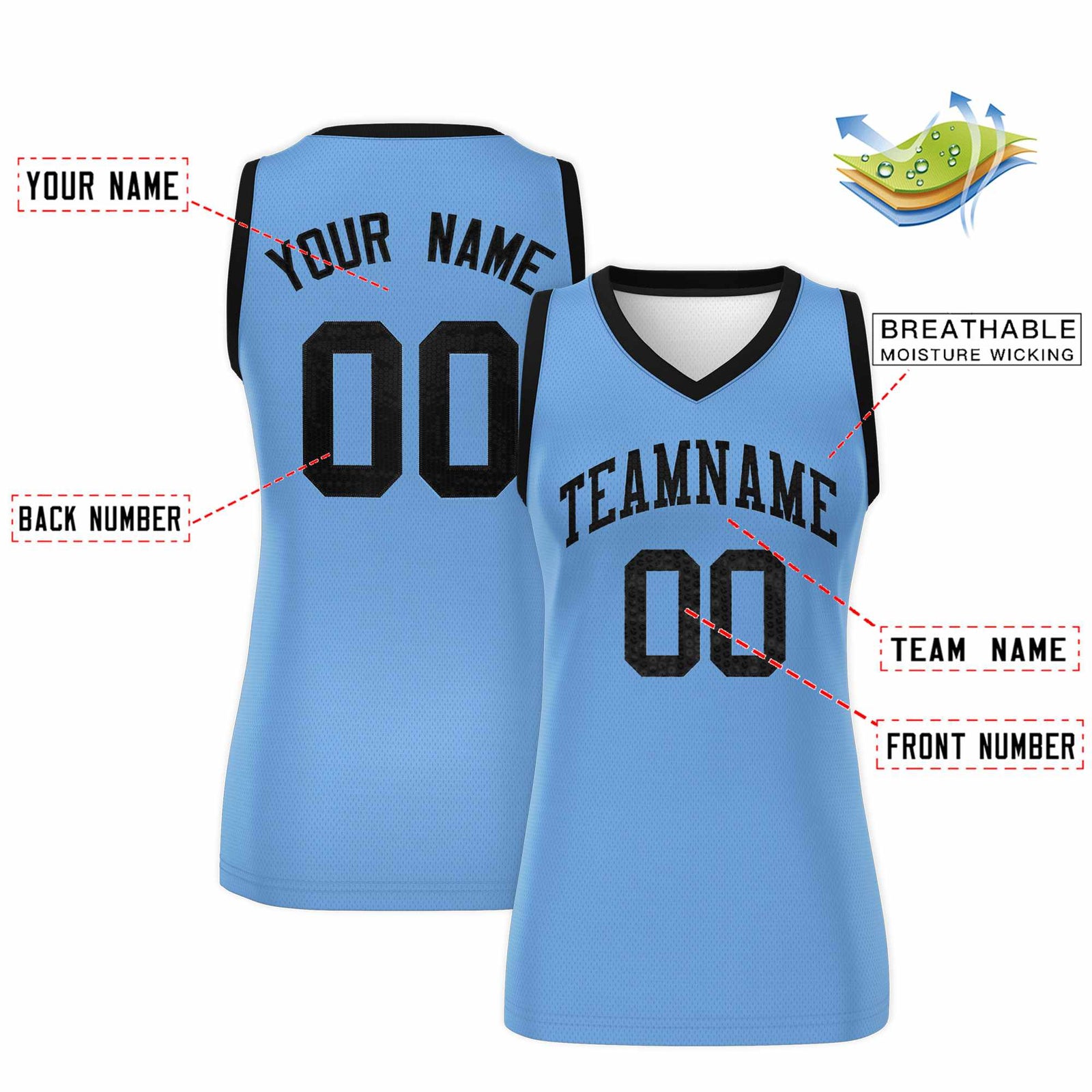 Custom Light Blue Black Women Netball Sequined Dress