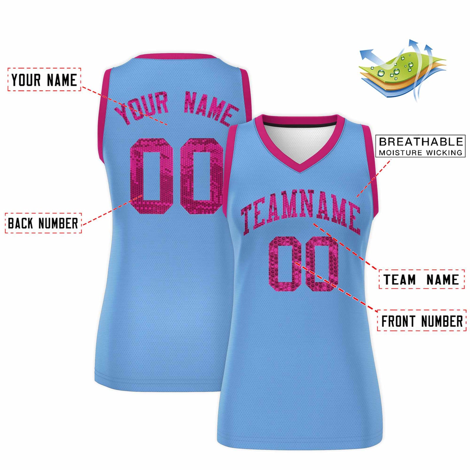 Custom Light Blue Pink Women Netball Sequined Dress