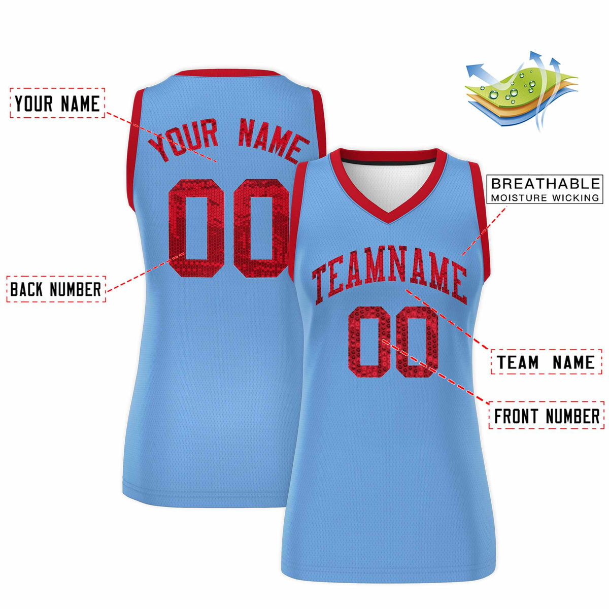 Custom Light Blue Red Women Netball Sequined Dress