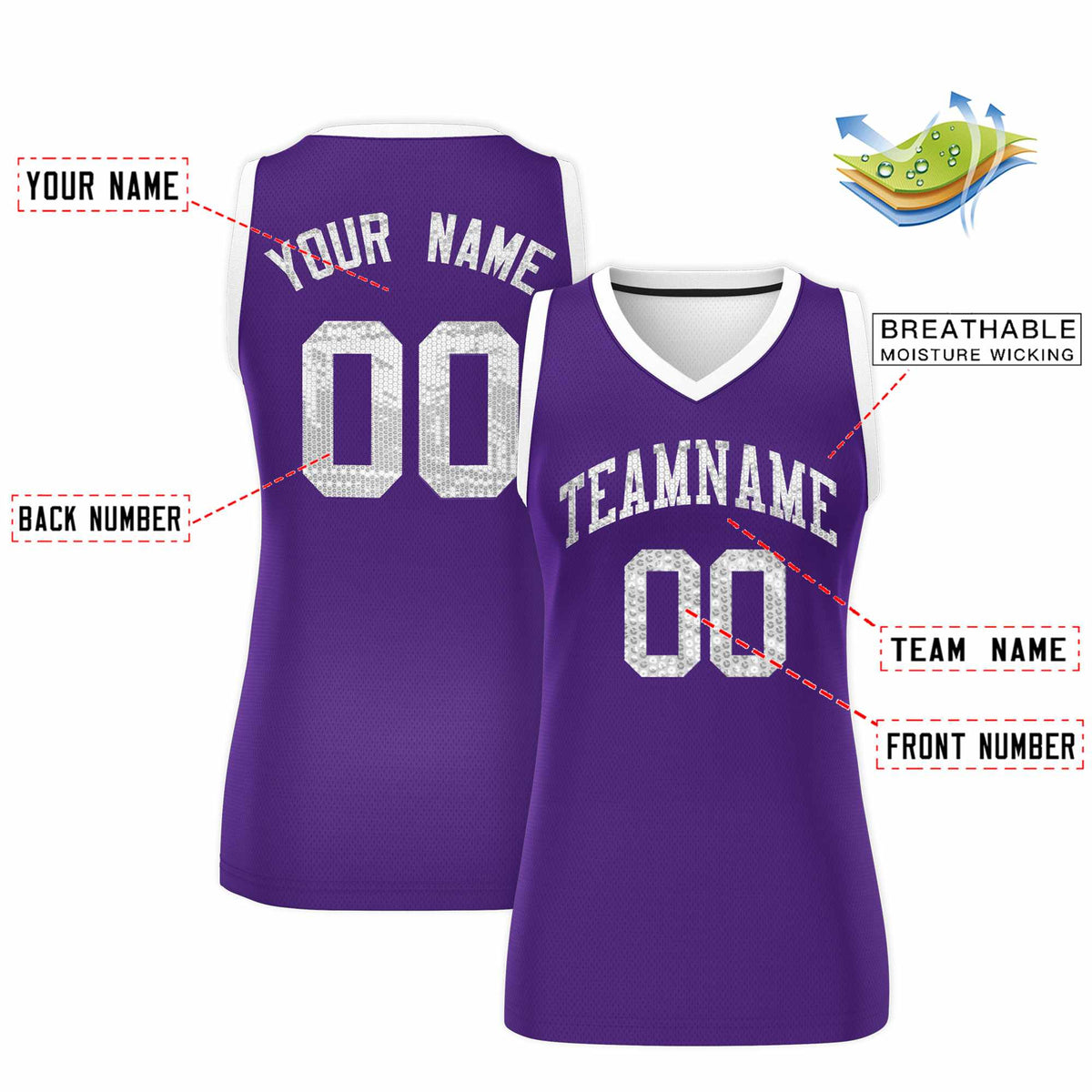 Custom Purple White Women Netball Sequined Dress