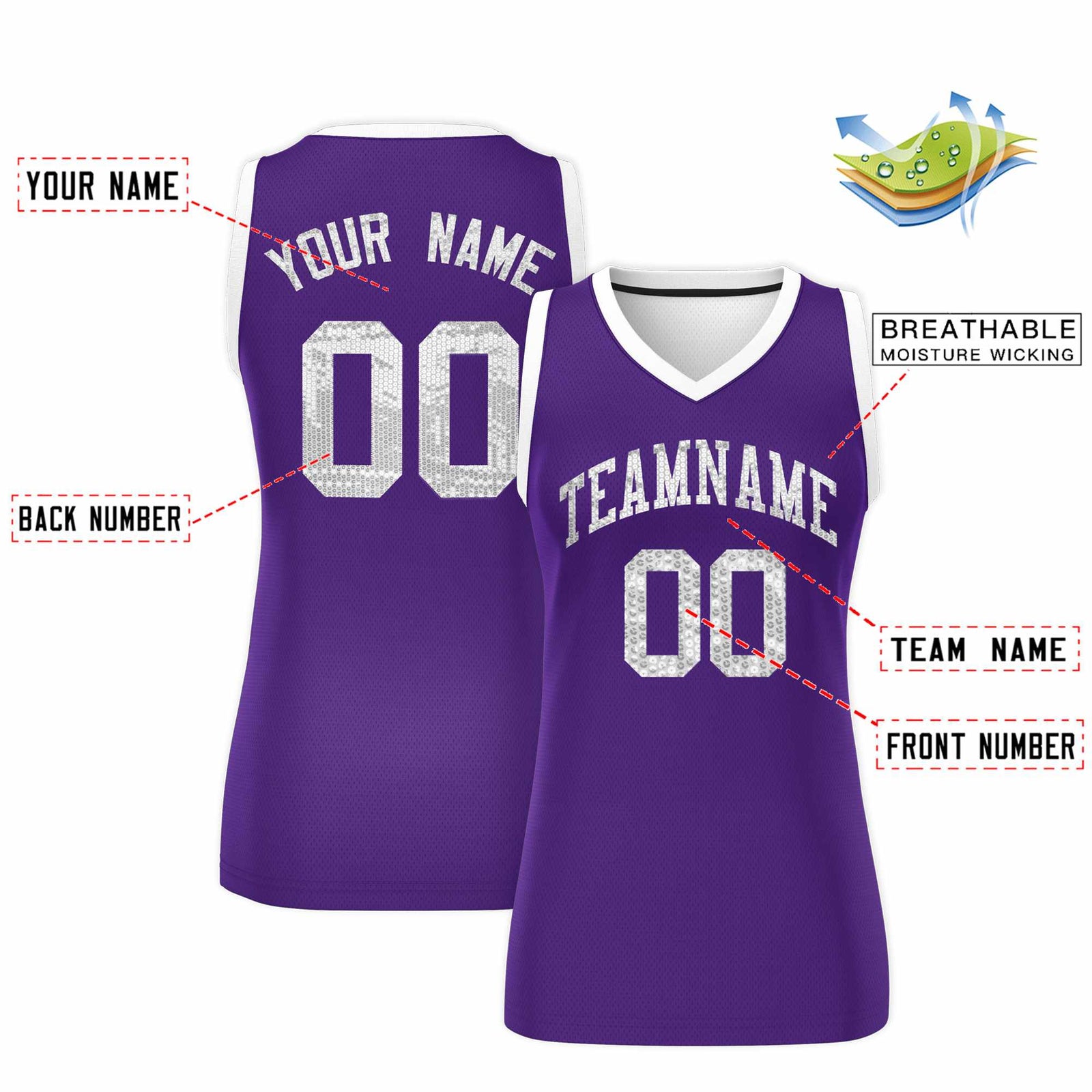 Custom Purple White Women Netball Sequined Dress