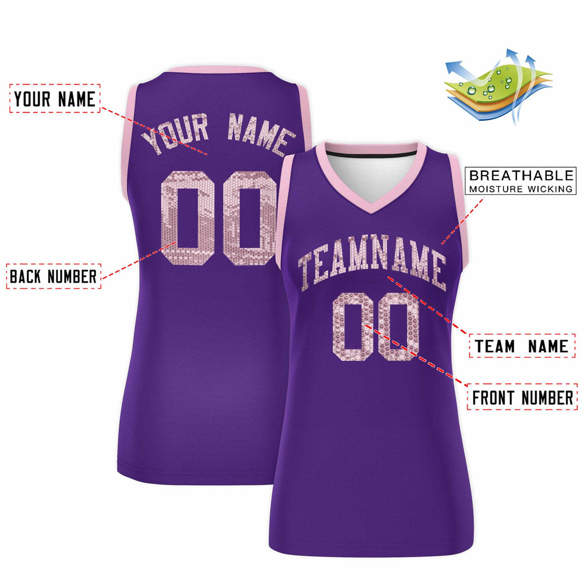 Custom Purple Light Pink Women Netball Sequined Dress
