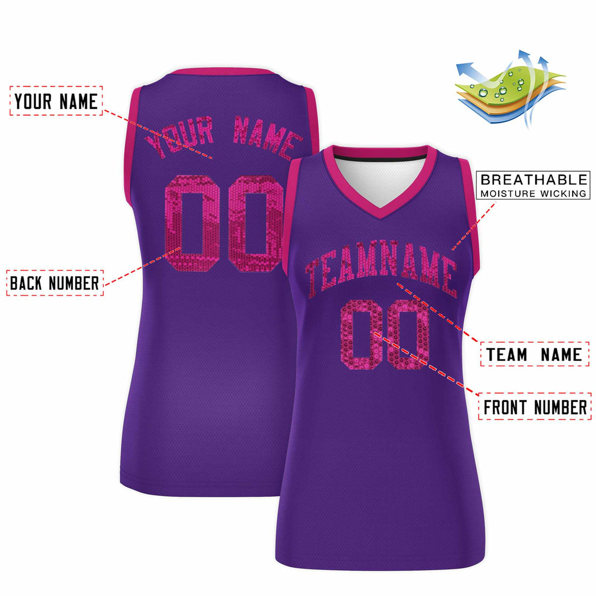 Custom Purple Pink Women Netball Sequined Dress
