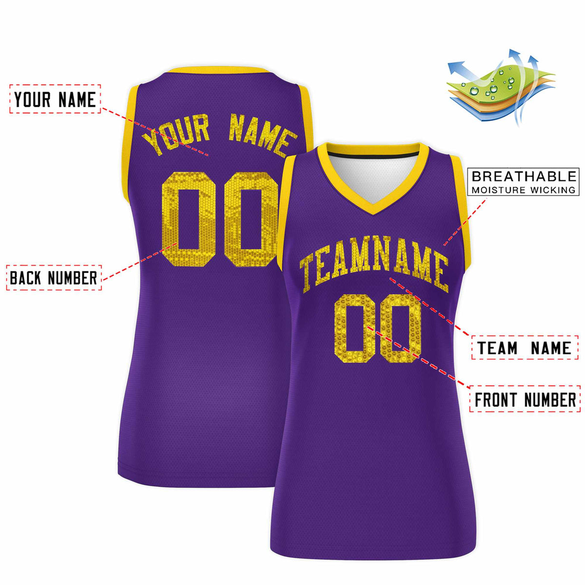 Custom Purple Gold Women Netball Sequined Dress