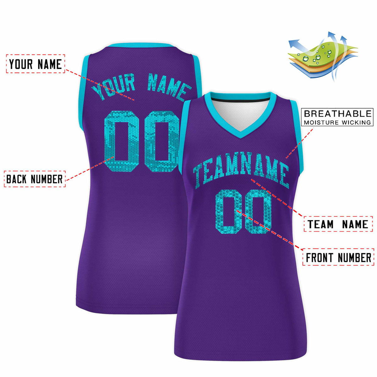 Custom Purple Sky Blue Women Netball Sequined Dress