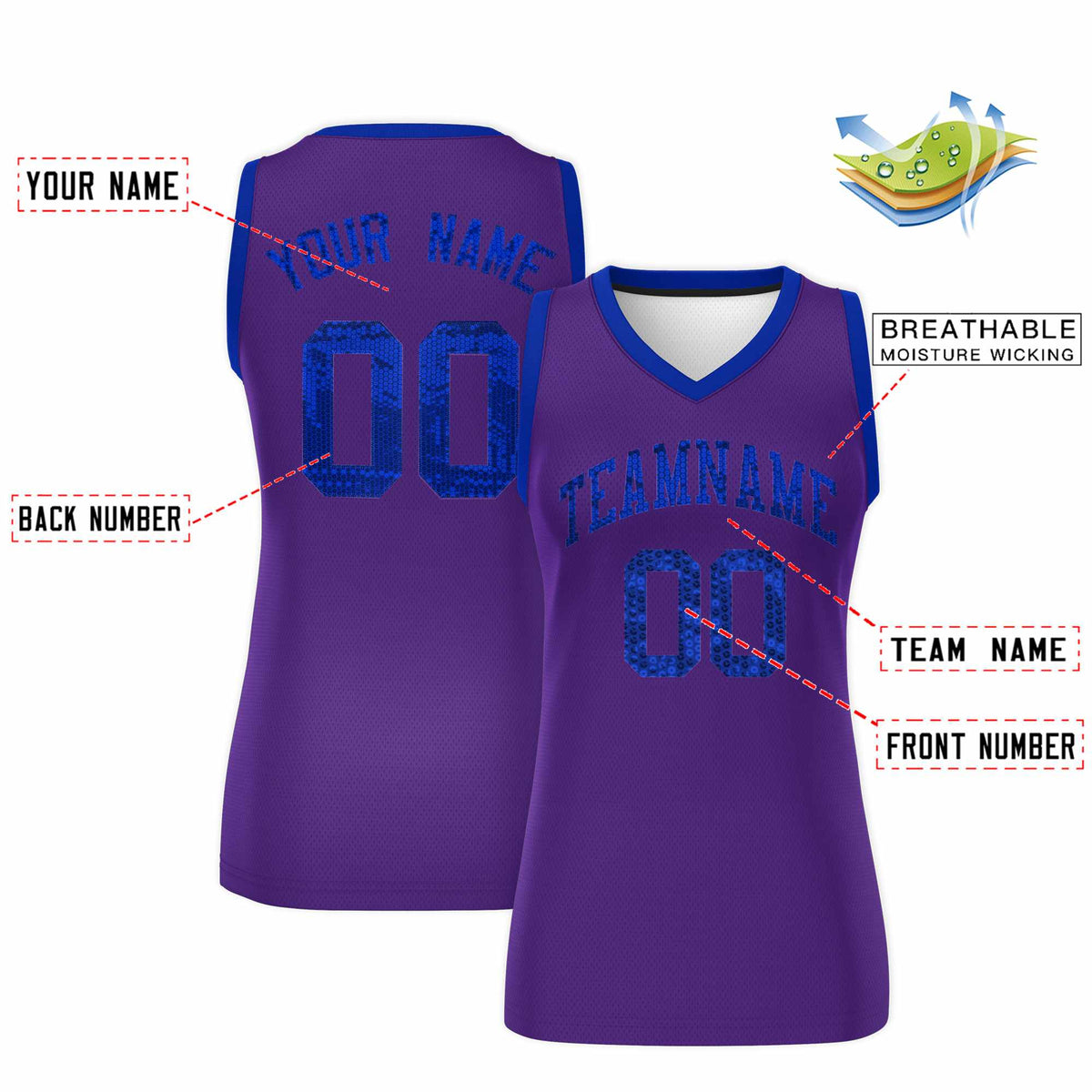 Custom Purple Royal Women Netball Sequined Dress