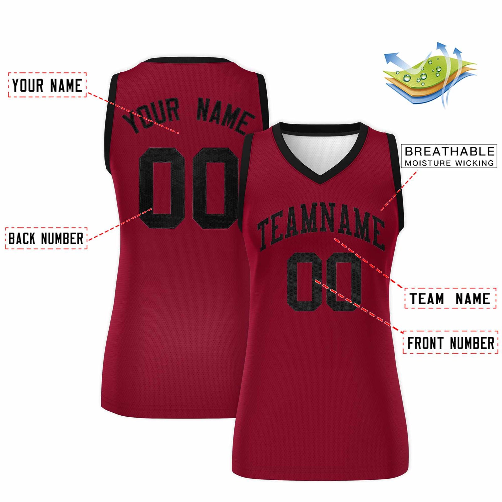 Custom Crimson Black Women Netball Sequined Dress
