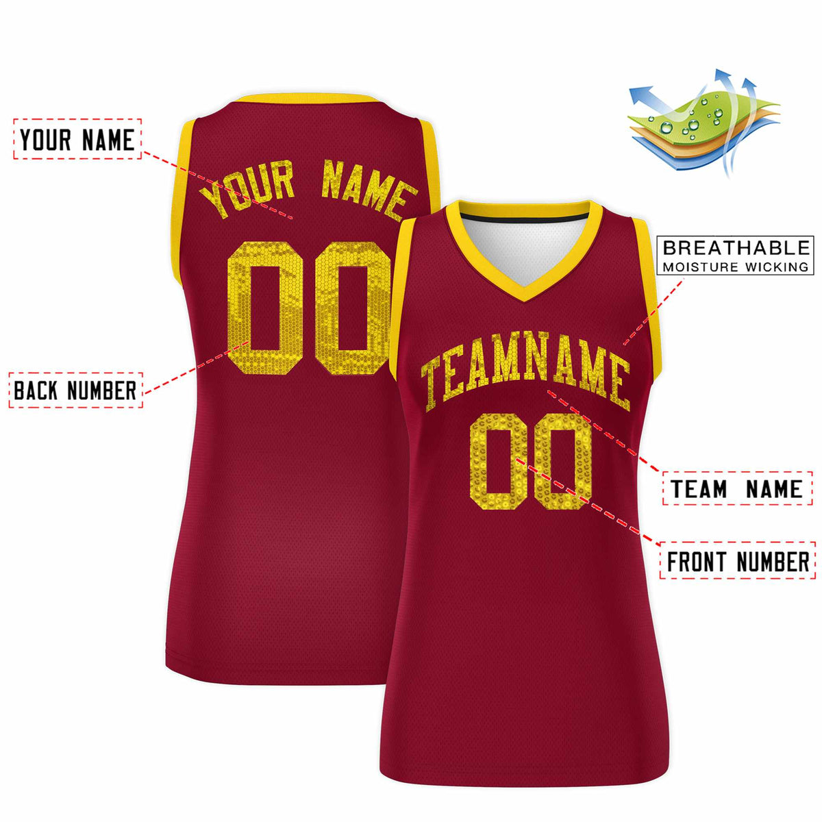 Custom Crimson Gold Women Netball Sequined Dress