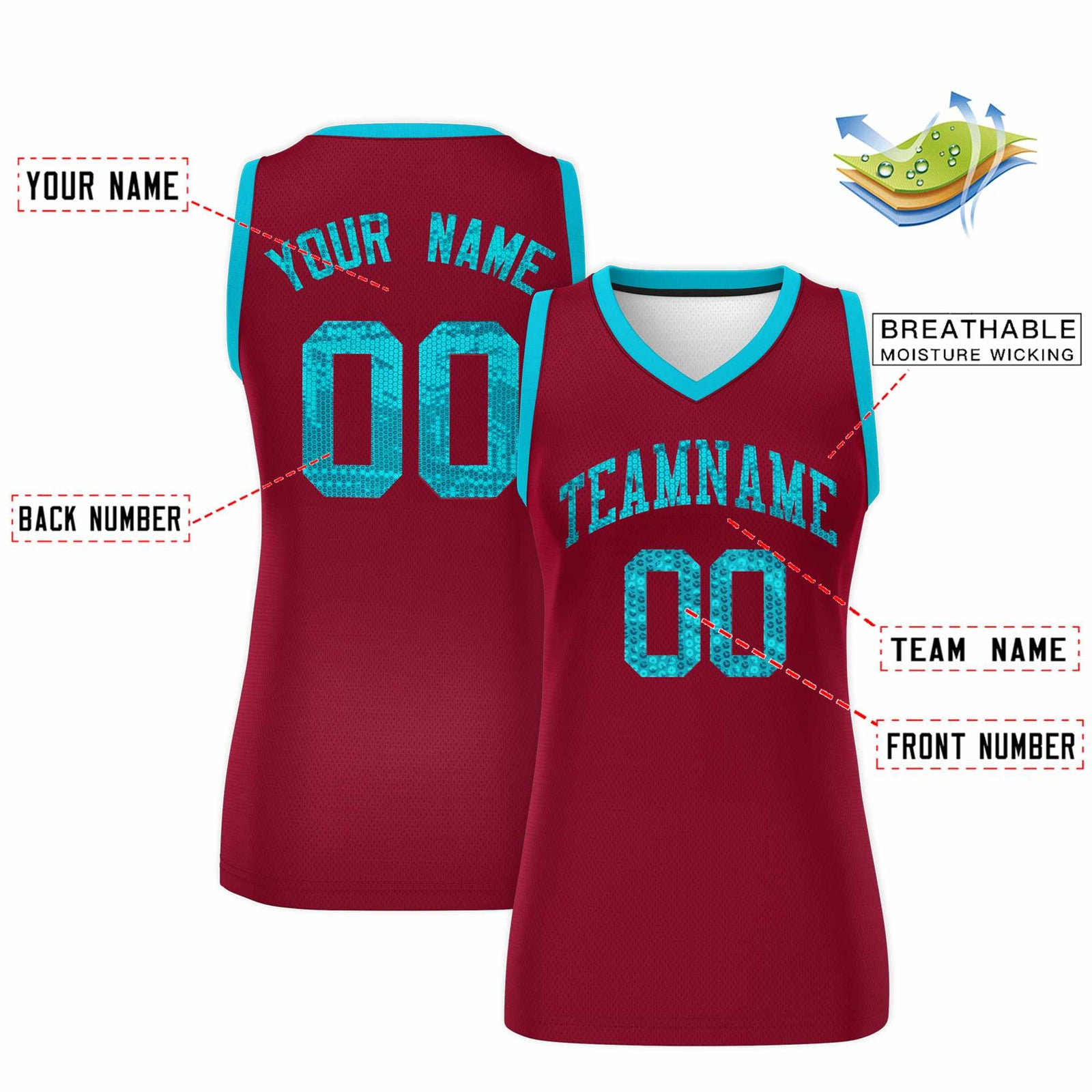 Custom Crimson Sky Blue Women Netball Sequined Dress