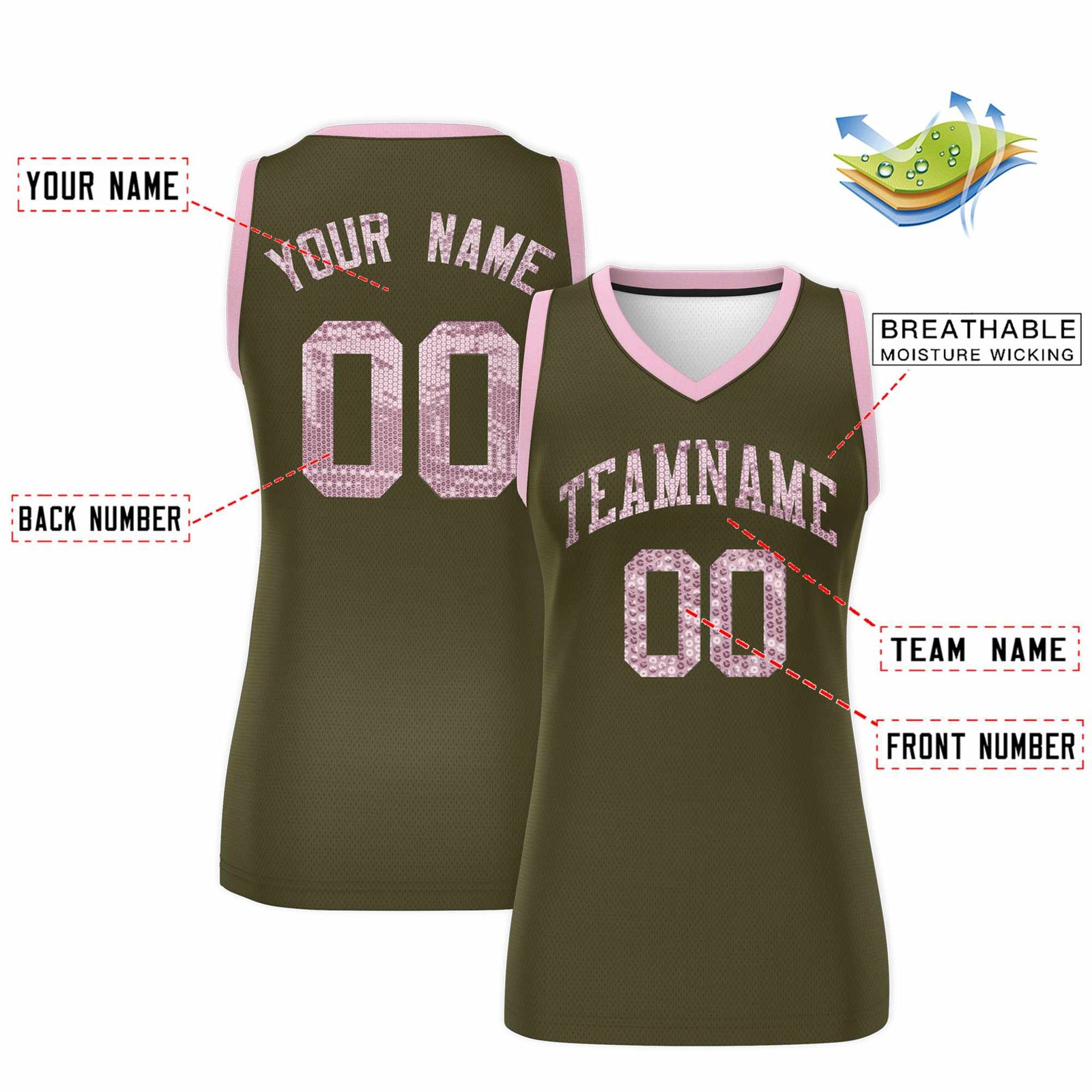 Custom Olive Light Pink Women Netball Sequined Dress